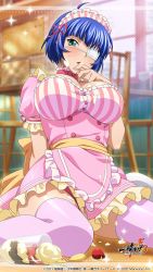 Rule 34 | 1girl, arm behind back, back bow, blue hair, blunt bangs, bob cut, bow, bowtie, breasts, choker, cleavage, dress, eyepatch, food, food on face, frilled dress, frills, hair ribbon, highres, ikkitousen, indoors, large breasts, maid headdress, official art, open mouth, panties, panty peek, pink bow, pink bowtie, pink choker, pink dress, pink panties, pink ribbon, pink thighhighs, ribbon, ryomou shimei, shiny clothes, shiny legwear, short dress, short hair, sitting, solo, thighhighs, underwear, wariza, yellow bow