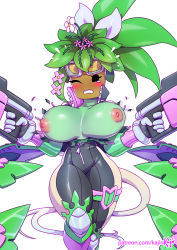 Rule 34 | 1girl, blaster master zero, blaster master zero 2, blush stickers, bodysuit, bouncing breasts, breasts, catsuit, colored skin, commentary, dual wielding, english commentary, fishnets, flower, flower on head, food print, full-length zipper, goggles, goggles on head, green hair, green skin, gun, handgun, high collar, holding, inverted nipples, kajin (kajinman), kanna (blaster master zero), large breasts, monster girl, nipples, one eye closed, patreon username, skindentation, solo, tail, thick thighs, thigh strap, thighs, torn clothes, unaligned breasts, unzipped, wardrobe malfunction, watermelon print, weapon, white background, wince, zipper