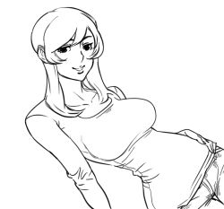 Rule 34 | 1girl, bad id, bb (baalbuddy), breasts, contrapposto, denim, dutch angle, greyscale, hand on own hip, hip focus, impossible clothes, impossible shirt, inactive account, jeans, large breasts, long hair, love plus, monochrome, narrow waist, pants, shirt, smile, solo, standing, takane manaka