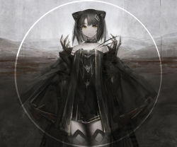 Rule 34 | 1girl, animal ears, arknights, bare shoulders, black choker, black dress, cat ears, choker, closed mouth, commentary request, dress, expressionless, eyebrows, field, grey thighhighs, hair ornament, hairclip, heibaise jiangshi, legs together, long sleeves, looking at viewer, mandragora (arknights), medium hair, mountain, mountainous horizon, off-shoulder dress, off shoulder, outdoors, scenery, short dress, sidelocks, solo, thighhighs, wide sleeves, yellow eyes