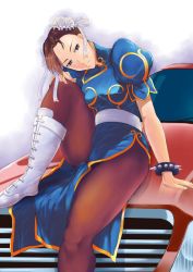 Rule 34 | 1girl, boots, bracelet, breasts, brown eyes, brown hair, brown pantyhose, bun cover, capcom, car, china dress, chinese clothes, chun-li, double bun, dress, earrings, hachito hajime, hair bun, jewelry, motor vehicle, on vehicle, pantyhose, pelvic curtain, sash, short hair, sitting, solo, spiked bracelet, spikes, street fighter, thighs, vehicle