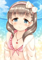 Rule 34 | 1girl, bikini, blue eyes, blush, bow, breasts, brown hair, closed mouth, collarbone, day, hair bow, hairband, heart, heart necklace, highres, horizon, idolmaster, idolmaster cinderella girls, jacket, jewelry, long hair, looking at viewer, navel, necklace, ocean, off shoulder, open clothes, open jacket, outdoors, pink bikini, pink hairband, regular mow, sakuma mayu, small breasts, smile, solo, swimsuit, upper body, water, white bow, white jacket