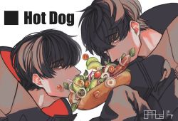 Rule 34 | 2boys, absurdres, avocado, black coat, black hair, brown eyes, coat, eating, english text, fatalbug896, food, food focus, highres, holding, holding food, hot dog, looking at viewer, male focus, multiple boys, onion, original, profile, shared food, short hair, sideways glance, signature, simple background, sleeves past fingers, sleeves past wrists, tomato, tomato slice, turtleneck, white background