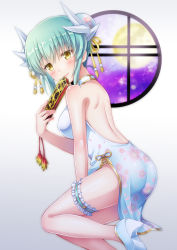 Rule 34 | 1girl, alternate costume, alternate hairstyle, aqua dress, aqua footwear, aqua hair, back, backless dress, backless outfit, breasts, bridal garter, bun cover, china dress, chinese clothes, double bun, dragon girl, dragon horns, dress, fate/grand order, fate (series), folded fan, folding fan, hair bun, hand fan, high heels, highres, holding, holding fan, horns, kiyohime (fate), large breasts, looking at viewer, round window, side slit, simple background, smile, solo, standing, standing on one leg, suzumia (daydream), white background, window, yellow eyes