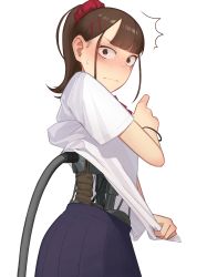 Rule 34 | 1girl, absurdres, android, blush, brown hair, cable, damaged, embarrassed, highres, looking at viewer, mechanical parts, meikaa, original, pleated skirt, ponytail, school uniform, scrunchie, shirt, simple background, skirt, surprised, white background