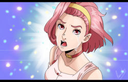 Rule 34 | 1girl, choker, collarbone, crying, curicolors, derivative work, dress, hairband, jojo no kimyou na bouken, letterboxed, open mouth, pink dress, pink hair, red eyes, screenshot redraw, signature, solo, streaming tears, sugimoto reimi, tears, upper body