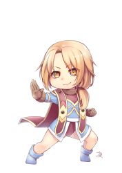 Rule 34 | 1girl, blonde hair, blue eyes, cape, chibi, closed mouth, dress, full body, gloves, ilia silvestri, leotard, long hair, looking at viewer, misono mitama, simple background, smile, solo, star ocean, star ocean first departure, white background, yellow eyes