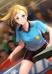 Rule 34 | 1girl, ball, black shorts, blonde hair, blue eyes, blue shirt, blurry, blurry background, blush, breasts, collared shirt, crowd, dutch angle, holding, indoors, legs apart, long hair, medium breasts, motion blur, nhaliz, original, paddle, parted lips, ponytail, shirt, short sleeves, shorts, solo focus, sparkle, standing, sweat, swept bangs, table tennis, table tennis ball, table tennis paddle