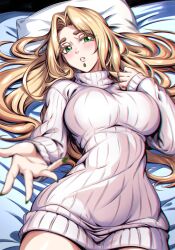 Rule 34 | 1girl, blonde hair, breasts, chin piercing, commentary, commission, english commentary, fate/grand order, fate (series), green eyes, green nails, highres, large breasts, long hair, long sleeves, looking at viewer, lying, on back, on bed, pillow, quetzalcoatl (fate), ribbed sweater, solo, sweater, turtleneck, turtleneck sweater, white sweater, zantyarz