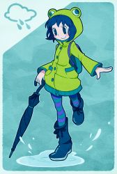 Rule 34 | 1girl, backpack, bag, blue background, blue eyes, blue footwear, blue hair, boots, check commentary, closed umbrella, cloud, coat, commentary request, frog raincoat, hood, icon (sugarless yogurt), original, pac-man eyes, pantyhose, puddle, raincoat, rubber boots, short hair, smile, solo, striped clothes, striped pantyhose, thighhighs, two-tone background, umbrella, water, water drop