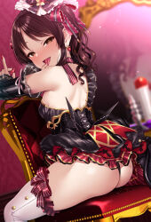 Rule 34 | 1girl, ass, back, bare shoulders, black dress, blurry, blurry background, blush, brown eyes, dress, earrings, finger to mouth, finger to tongue, from behind, gem, hair ornament, highres, holding, holding gem, idolmaster, idolmaster cinderella girls, jewelry, looking at viewer, looking back, medium hair, nail polish, open mouth, red nails, satou kuuki, sex toy, sitting, sitting backwards, smile, solo, tachibana arisu, thighhighs, thighs, tongue, tongue out, white thighhighs