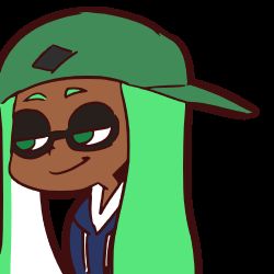 Rule 34 | 1girl, animated, animated gif, backwards hat, bad id, bad tumblr id, baseball cap, blue hoodie, closed mouth, dark-skinned female, dark skin, eyebrow twitching, green eyes, green hair, green hat, grin, half-closed eyes, hat, hood, hood down, hoodie, inkling, inkling girl, inkling player character, long hair, long sleeves, looking to the side, lowres, mask, mike inel, nintendo, simple background, smile, solo, splatoon (series), tentacle hair, transparent background, white background