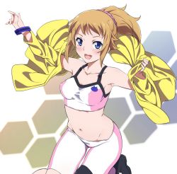 Rule 34 | 10s, 1girl, absurdres, armpits, bare shoulders, bike shorts, blue eyes, blush, bracelet, breasts, brown hair, collarbone, covered erect nipples, gundam, gundam build fighters, gundam build fighters try, highres, hoshino fumina, jacket, jewelry, large breasts, leggings, long hair, looking at viewer, midriff, navel, niko (tama), off shoulder, open mouth, ponytail, scrunchie, skin tight, smile, solo, sports bra, two-tone sports bra