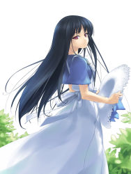 Rule 34 | 1girl, black hair, blue shirt, dress, expressionless, from side, hat, holding, holding clothes, holding hat, long hair, looking at viewer, makino nanami, parted lips, pinafore dress, red eyes, rokuwata tomoe, shirt, short sleeves, sleeveless, sleeveless dress, solo, suigetsu, sun hat, tsurime, unworn hat, unworn headwear, very long hair, white dress, wind