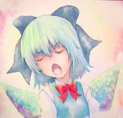 Rule 34 | 1girl, blue eyes, blue hair, bow, bowtie, cirno, closed eyes, hair bow, ice, ice wings, matching hair/eyes, open mouth, painting (medium), pink background, red bow, red bowtie, solo, touhou, traditional media, watercolor (medium), wings, yuyu (00365676)