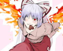 Rule 34 | 1girl, bow, chocolate, female focus, fiery wings, fire, fujiwara no mokou, hair bow, mouth hold, one eye closed, silver hair, solo, touhou, valentine, wink