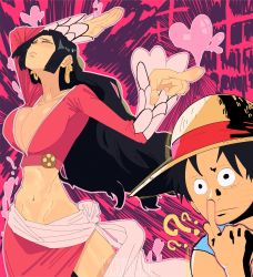 Rule 34 | 1boy, 1girl, ?, ??, artist request, black hair, blush, boa hancock, breasts, cleavage, earrings, embarrassed, hat, heart, hetero, highres, jewelry, large breasts, long hair, monkey d. luffy, navel, one piece, revealing clothes, short hair, straw hat, very long hair, wide hips