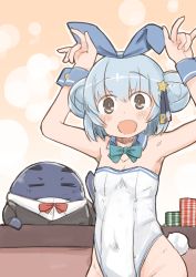 Rule 34 | 1girl, 1other, animal ears, arms up, blue hair, blue neckwear, bow, bowtie, commentary, cowboy shot, detached collar, double bun, enjaku izuku, fake animal ears, fangs, flat chest, highleg, highleg leotard, highres, kantai collection, leotard, little blue whale (kancolle), looking at viewer, playboy bunny, poker chip, rabbit ears, rabbit tail, samuel b. roberts (kancolle), short hair, skin fangs, smile, strapless, strapless leotard, tail, whale, white leotard, wrist cuffs, yellow eyes
