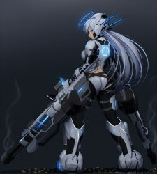 Rule 34 | 1girl, ass, blue eyes, bodysuit, commentary, dual wielding, full body, gun, halo, highres, holding, long hair, maku ro, original, science fiction, shell casing, silver hair, simple background, smoke, solo, torn bodysuit, torn clothes, twintails, weapon