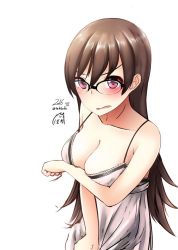 Rule 34 | 1girl, alternate costume, bespectacled, blush, breasts, brown hair, cleavage, dated, glasses, kantai collection, large breasts, lingerie, long hair, looking at viewer, nekobaka, one-hour drawing challenge, ooi (kancolle), open mouth, purple eyes, signature, simple background, solo, twitter username, underwear, upper body, white background