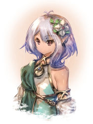 Rule 34 | 1girl, antenna hair, closed mouth, detached sleeves, dress, elf, flower, green dress, hair between eyes, hair flower, hair ornament, highres, kokkoro (princess connect!), light purple hair, looking to the side, medium hair, pointy ears, princess connect!, purple eyes, single bare shoulder, sleeveless, sleeveless dress, smile, solo, upper body, usapenpen2019