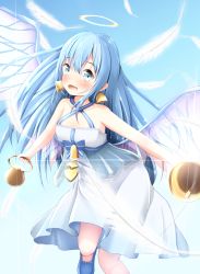 Rule 34 | 1girl, :d, angel, bad leg, bell, bell earrings, bellringer angel, blue eyes, blue footwear, blue hair, blue sky, blush, day, dress, earrings, feathers, glint, handbell, highres, jewelry, long hair, looking at viewer, mochiyuki, open mouth, outdoors, shadowverse, shoes, sky, smile, solo, sora (kari), standing, standing on one leg, white dress, white feathers, wings