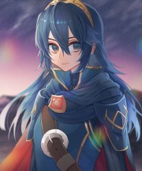 Rule 34 | 1girl, armor, belt, belt buckle, blue cape, blue eyes, blue hair, brown belt, buckle, cape, closed mouth, collar, fire emblem, fire emblem awakening, hair between eyes, headwear request, highres, itou (very ito), long hair, long sleeves, looking at viewer, lucina (fire emblem), night, nintendo, red cape, sky, solo, star (sky), starry sky, turtleneck, upper body