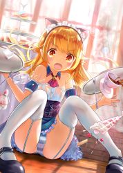 Rule 34 | 1girl, absurdres, animal ears, bad id, bad pixiv id, blonde hair, cat ears, coffee mug, corset, cup, curtains, detached collar, detached sleeves, fang, food, frilled hairband, frills, garter straps, hairband, highres, ice cream, indoors, jerry (gn 012777999), long hair, looking away, maid, mary janes, monogatari (series), mug, neck bell, open mouth, oshino shinobu, panties, pantyshot, pointy ears, shoes, sidelocks, strapless, striped clothes, striped panties, thighhighs, thighs, tray, underwear, white thighhighs, window, yellow eyes