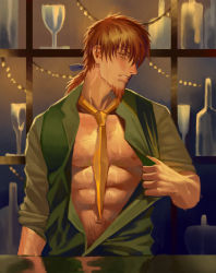 Rule 34 | 1boy, abs, absurdres, bad id, bad pixiv id, bara, bare pectorals, bartender, between pectorals, body hair, brown eyes, brown hair, collared shirt, facial hair, fate/grand order, fate (series), goatee, hairy, hector (fate), highres, large pectorals, long hair, male focus, muscular, navel, navel hair, nipples, open clothes, open shirt, pectorals, ponytail, r suka, shirt, sleeves rolled up, solo, sweat, undressing, upper body