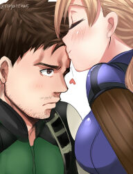 Rule 34 | 1boy, 1girl, blonde hair, bodysuit, breasts, brown eyes, brown hair, chris redfield, closed mouth, facial hair, hetero, jill valentine, kiss, kissing forehead, large breasts, long hair, nagare, ponytail, resident evil, resident evil 5, simple background, smile, white background