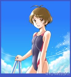 Rule 34 | 1boy, akizuki ryo, brown eyes, brown hair, character name, competition swimsuit, ebi-rom, flat chest, idolmaster, idolmaster dearly stars, male focus, one-piece swimsuit, short hair, solo, swimsuit, trap