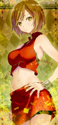 Rule 34 | 1girl, anniversary, argyle, argyle background, argyle clothes, breasts, brown hair, character name, crop top, green eyes, hand on own hip, looking at viewer, mamama, medium breasts, meiko (vocaloid), midriff, miniskirt, nail polish, navel, red nails, red skirt, shadow, short hair, sideboob, skirt, solo, stomach, vocaloid, wrist cuffs