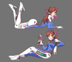 Rule 34 | 1girl, black background, bodysuit, breasts, brown eyes, brown hair, blowing bubbles, chewing gum, closed mouth, commentary, d.va (overwatch), facial mark, from side, full body, gun, handgun, highres, holding, holding gun, holding weapon, kuso otoko, long hair, looking at viewer, lying, medium breasts, multiple views, on stomach, overwatch, overwatch 1, pilot suit, pistol, ribbed bodysuit, simple background, sitting, swept bangs, trigger discipline, v-shaped eyebrows, weapon, whisker markings