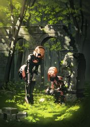 Rule 34 | 2girls, absurdres, blindfold, blonde hair, breasts, cleavage, cleavage cutout, clothing cutout, covered eyes, dappled sunlight, flower, forest, hairband, high heels, highres, mole, mole under mouth, multiple girls, nature, nier (series), nier:automata, operator 21o, oukayu, ruins, scenery, short hair, smile, squatting, standing, sunlight, thighhighs, veil, white hair, 2b (nier:automata)