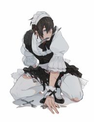 Rule 34 | 1boy, adventurer (ff14), alternate costume, apron, arm support, belt, black bow, black bowtie, black dress, black footwear, black hair, blue eyes, bow, bowtie, brooch, center frills, code009, collared shirt, crossdressing, cuts, dress, earrings, enmaided, final fantasy, final fantasy xiv, fork, frilled apron, frills, full body, gem, hair between eyes, hand on ground, highres, holding, holding knife, injury, jewelry, kneeling, knife, knife in mouth, long sleeves, looking away, looking to the side, maid, maid apron, maid headdress, male focus, mouth hold, pantyhose, pinafore dress, puffy sleeves, red gemstone, scar, scar on arm, shirt, shoes, short hair, simple background, sleeveless, sleeveless dress, sleeves past elbows, solo, spoon, torn clothes, torn pantyhose, warrior of light (ff14), white apron, white background, white pantyhose, white shirt, wrist cuffs