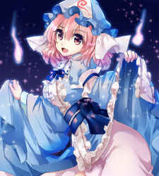 Rule 34 | 1girl, :d, arm garter, blue background, blue bow, blue bowtie, blue dress, blue hat, blue sash, bow, bowtie, breasts, center frills, clothes lift, commentary request, cowboy shot, dress, dress lift, frills, hair between eyes, hat, head tilt, hitodama, large breasts, lifted by self, long sleeves, looking at viewer, mob cap, nagare, open mouth, pink eyes, pink hair, saigyouji yuyuko, sash, short hair, smile, solo, sparkle, touhou, triangular headpiece, veil, wide sleeves