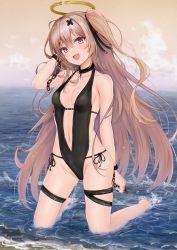 Rule 34 | 1girl, :d, absurdres, arm at side, bare arms, beach, black choker, black nails, black ribbon, black one-piece swimsuit, breasts, broken halo, brown hair, chest strap, choker, clothing cutout, cross hair ornament, full body, groin, hair ornament, hair ribbon, halo, halterneck, hand in own hair, highres, indie virtual youtuber, kneeling, long hair, medium breasts, mito soosu, nail polish, navel, ocean, one-piece swimsuit, open mouth, red eyes, ribbon, skindentation, smile, solo, swimsuit, thigh strap, tokusari kukuri, twintails, virtual youtuber, water, wrist cuffs