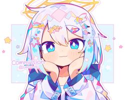 Rule 34 | 1girl, blue eyes, blush, closed mouth, commission, hair ornament, halo, highres, hood, hood down, hooded jacket, jacket, long sleeves, looking at viewer, original, smile, solo, star (symbol), star hair ornament, twitter username, uenomigi, upper body, white hair, white jacket