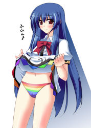 Rule 34 | 1girl, blue hair, blush, cameltoe, clothes lift, dress, dress lift, female focus, hinanawi tenshi, long hair, looking at viewer, navel, note, panties, rainbow, rainbow panties, red eyes, simple background, skirt, skirt lift, smile, solo, striped clothes, striped panties, touhou, translation request, underwear, white background