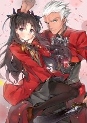 Rule 34 | 1boy, 1girl, archer (fate), bad id, bad pixiv id, black hair, black pantyhose, blue eyes, dark-skinned male, dark skin, fate/stay night, fate (series), hair ribbon, highres, jacket, jewelry, long hair, necklace, pantyhose, red jacket, revision, ribbon, shoes, skirt, smile, sword, tohsaka rin, two side up, weapon, white hair, yuran