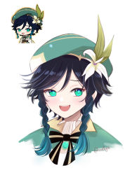 Rule 34 | 1boy, absurdres, androgynous, aqua eyes, aqua hair, beret, black hair, braid, chibi, collared cape, commentary, derivative work, english commentary, evelgie, flower, genshin impact, gradient hair, green headwear, hat, hat flower, highres, looking at viewer, meme, multicolored hair, multiple views, open mouth, portrait, reference work, short hair with long locks, side braids, signature, simple background, smug, twin braids, twitter username, venti (genshin impact), white background, white flower
