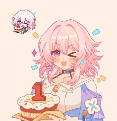 Rule 34 | 1girl, black choker, blue eyes, blue jacket, bra strap, breasts, buttons, cake, chibi, chibi inset, choker, collarbone, commentary, earrings, flower ornament, food, gradient jacket, highres, holding, holding cake, holding food, honkai: star rail, honkai: star rail sticker redraw (meme), honkai (series), jacket, jewelry, long sleeves, march 7th (honkai: star rail), march 7th (preservation) (honkai: star rail), medium breasts, medium hair, meme, miiho, official art inset, one eye closed, open mouth, pink eyes, pink hair, pink jacket, pink pupils, shirt, simple background, single earring, smile, solo, underbust, upper body, white shirt