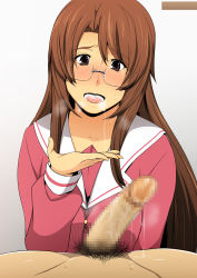 Rule 34 | 1girl, absurdres, azumanga daiou, blush, breasts, brown eyes, brown hair, censored, clothed female nude male, cum, cum in mouth, eyebrows, glasses, greco roman (spiral brain), highres, large breasts, legs, long hair, long sleeves, looking at viewer, mizuhara koyomi, mosaic censoring, nude, open mouth, penis, pubic hair, raised eyebrows, school uniform, semi-rimless eyewear, simple background, solo focus, spread legs, thighs