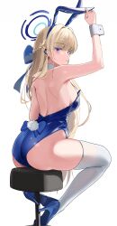Rule 34 | 1girl, absurdres, animal ears, arm up, armpits, ass, backless leotard, bare shoulders, blonde hair, blue archive, blue bow, blue eyes, blue hairband, blue leotard, bow, bowtie, braid, breasts, detached collar, earpiece, earrings, fake animal ears, fake tail, from behind, full body, hairband, halo, hand on headwear, high heels, highleg, highleg leotard, highres, jewelry, leotard, long hair, looking back, medium breasts, multicolored hair, official alternate costume, official alternate hairstyle, parted lips, playboy bunny, rabbit ears, rabbit tail, simple background, sitting, sogogy, stool, streaked hair, stud earrings, tail, thighhighs, thighs, toki (blue archive), toki (bunny) (blue archive), very long hair, white background, white thighhighs, wrist cuffs