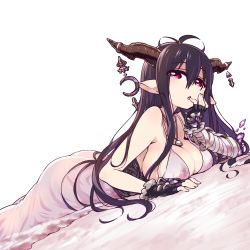 Rule 34 | 10s, 1girl, antenna hair, bandages, black gloves, black hair, breasts, chan co, cleavage, danua, draph, dress, female focus, fingerless gloves, gloves, granblue fantasy, hair between eyes, horn ornament, horns, jewelry, large breasts, long hair, looking at viewer, lying, necklace, on stomach, open mouth, pointy ears, red eyes, simple background, solo, white background, white dress