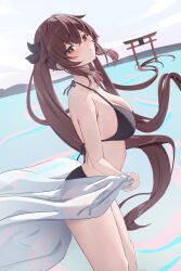 Rule 34 | 1girl, absurdres, arched back, ass, bare arms, bikini, black bikini, blush, breasts, brown hair, collarbone, commentary request, crossed bangs, genshin impact, hair between eyes, hair ribbon, head tilt, highres, holding sarong, hu tao (genshin impact), long hair, looking at viewer, medium breasts, mountainous horizon, ocean, outdoors, parted lips, pharmarr, red eyes, ribbon, sarong, see-through, see-through sarong, sidelocks, solo, standing, star-shaped pupils, star (symbol), swimsuit, symbol-shaped pupils, thighs, torii, very long hair, white sarong