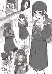 Rule 34 | 1girl, absurdres, backpack, bag, blush, bus, closed mouth, clothes lift, clothes pull, comic, commentary request, flying sweatdrops, greyscale, have to pee, highres, lifting own clothes, long sleeves, low twintails, monochrome, motor vehicle, nose blush, open mouth, original, pee, peeing, peeing self, pleated skirt, profile, puffy long sleeves, puffy sleeves, pulling own clothes, running, sailor collar, school uniform, serafuku, shirt, shoes, short twintails, shorts, shorts pull, shorts under skirt, sketch, skirt, skirt lift, sweat, tamura-chan, tearing up, translation request, twintails