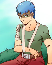 Rule 34 | arm support, artist request, bandaged arm, bandages, blue hair, chirico cuvie, green eyes, injury, lowres, male focus, solo, soukou kihei votoms