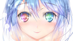 10s 1girl absurdres bare_shoulders blue_hair close-up closed_mouth denpa_onna_to_seishun_otoko eye_focus female_focus garyljq heterochromia highres lips portrait reflection smile solo space touwa_erio