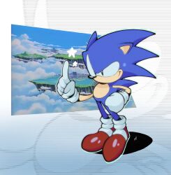 Rule 34 | 1boy, animal ears, animal nose, artist name, blue fur, brown fur, classic sonic, cloud, crazy psgt, floating island, gloves, green eyes, hand on own hip, hedgehog, hedgehog ears, highres, island, pointing, pointing up, red footwear, sega, shadow, shoes, smile, sneakers, snout, socks, solo, sonic (series), sonic cd, sonic the hedgehog, sonic the hedgehog (classic), standing, star (symbol), white gloves, white socks